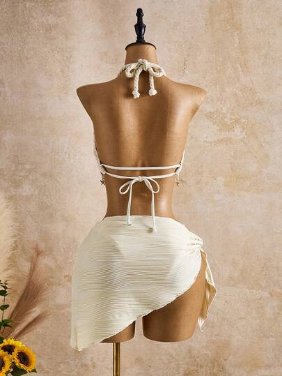Bellisia Bộ đồ bơi tankini hai dây màu be thời trang dành cho nữ, họa tiết sóng biển, trang trí vỏ sò và sao, thích hợp cho mùa xuân/hè/thu.