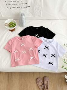 Genkimix Kids 3 Stück/Set Kleinkind Mädchen Mode einfache Schleife Dekor Kurzarm T-Shirt, Schwarz Weiß Rosa Kombination, vielseitig für den täglichen Gebrauch, Frühling/Sommer - Schwarz - Übersicht 4