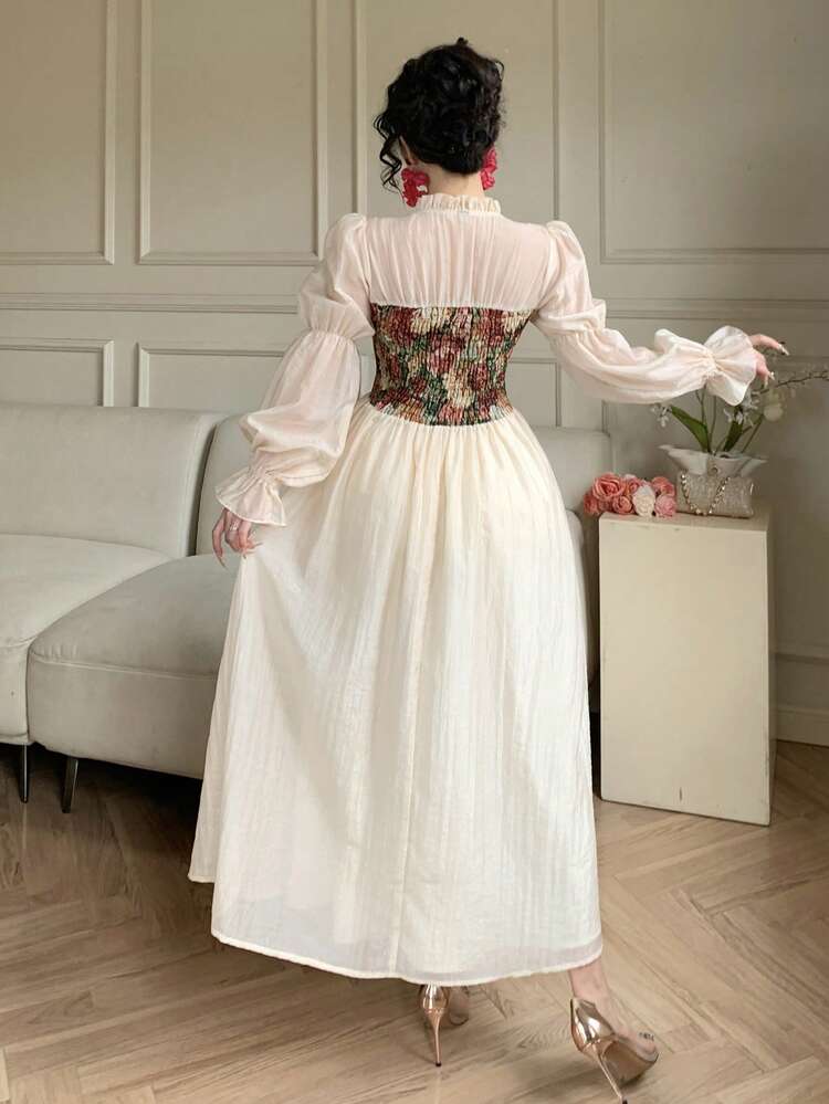Women's Elegant Floral Patchwork Frill Trim Tie Waist Dress, Spring/Summer Wedding Guest Dress Sundress