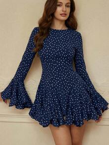 Aveloria Rosie Đầm dài tay xếp tầng họa tiết chấm bi màu nước thời trang, kiểu dáng châu Âu và Mỹ, thích hợp cho mùa Thu/Đông. - Màu xanh hải quân - Xem 3