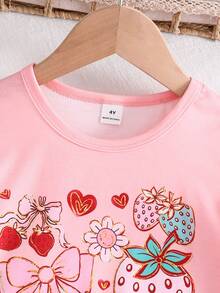 SHEIN Playful Pals 两件套女童草莓印花圆领短袖上衣和裤子，休闲夏季套装 - 藕粉色 - 查看 3