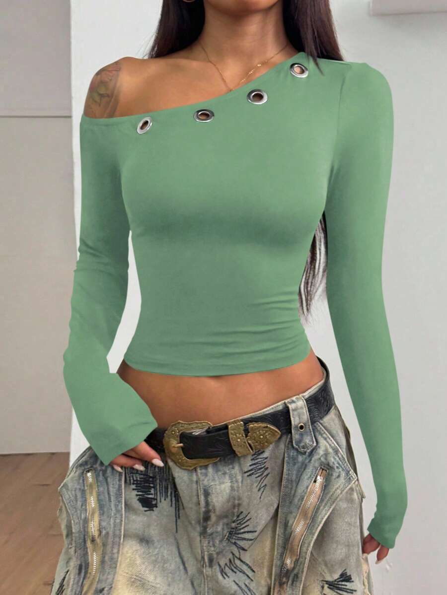 StreetHx Women's Eyelet Decor Fitted Long Sleeve T-Shirt, Early Autumn - Mint Green - View 1