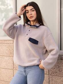 Andrea Bello Women's Casual Collared Half-Zip Sweatshirt, Autumn - Grey - View 3