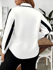 Juhart Camisa de Manga Longa para Uso no Escritório, Elegante, com Recorte Colorido e Botões na Frente, Plus Size - Preto e Branco - Visão 2