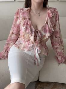 Vibekara 法式碎花长袖雪纺衬衫，宽松荷叶边V领甜美衬衫，春夏款 - 粉色 - 查看 1