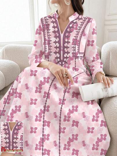 SHEIN Najma Floral & Geometric Print V-Neck Slit Hem Long Sleeve Dress, Elegant Arabic Style Outfit For Spring/Summer