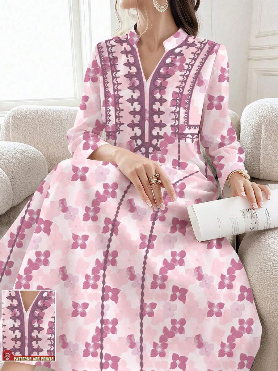 SHEIN Najma Floral & Geometric Print V-Neck Slit Hem Long Sleeve Dress, Elegant Arabic Style Outfit For Spring/Summer - Multicolor - View 1