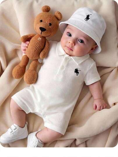 Newborn Baby Boy And Girl, Comfortable, Casual, Versatile, Schoolgirl Style, White Short-Sleeved Collared Romper With Pony Pattern And Sun Hat Set. Suitable For Spring And Summer, Both Indoors And Outdoors, For Everyday Wear, Sports, Play, Parties, Photoshoots, Vacations, And Holidays. Baby Boy White Romper Summer Romper For Baby Baby Short Sleeve Romper Newborn Clothes Unisex Baby Casual Romper