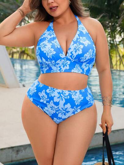 Swim Lushoire New Plus Size Women Multi-Color Floral Print Slim Fit Bikini Bottom, Slimming & Lifting, Suitable For Vacation & Leisure