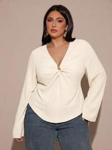 SHEIN BAE Women Plus Size V-Neck Ruffle Long Sleeve Top, Autumn/Winter - Apricot - View 3