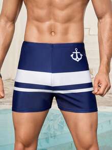 Manfinity KASUA 男士撞色条纹修身休闲沙滩泳裤 - 藍色 - 查看 4