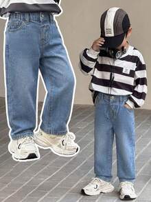 SHEIN Pantalones vaqueros de uso diario versátil y casual con bolsillo y botón para niño - Lavado ligero - Ver 1