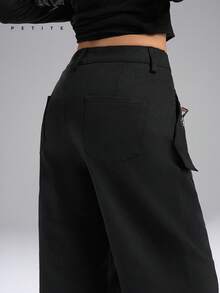 LYSMO Petite 女士金属扣眼腰休闲裤 - 黑色 - 查看 5