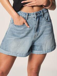 MISSGUIDED Shorts vaqueros de tiro alto con lavado claro, dobladillo enrollado, bolsillos, estilo clásico de verano, casual, fin de semana y vacaciones en la playa para mujer - Azul - Ver 4