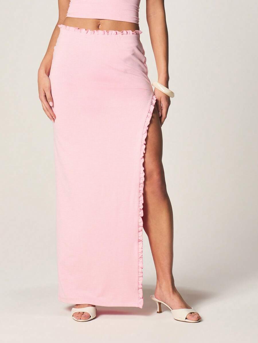 MISSGUIDED Ribbed Ruffle Detail High Waisted Side Slit Maxi Skirt For Summer Vacation Beach Party Evening Elegant Bodycon Long Skirt - Pink - View 1