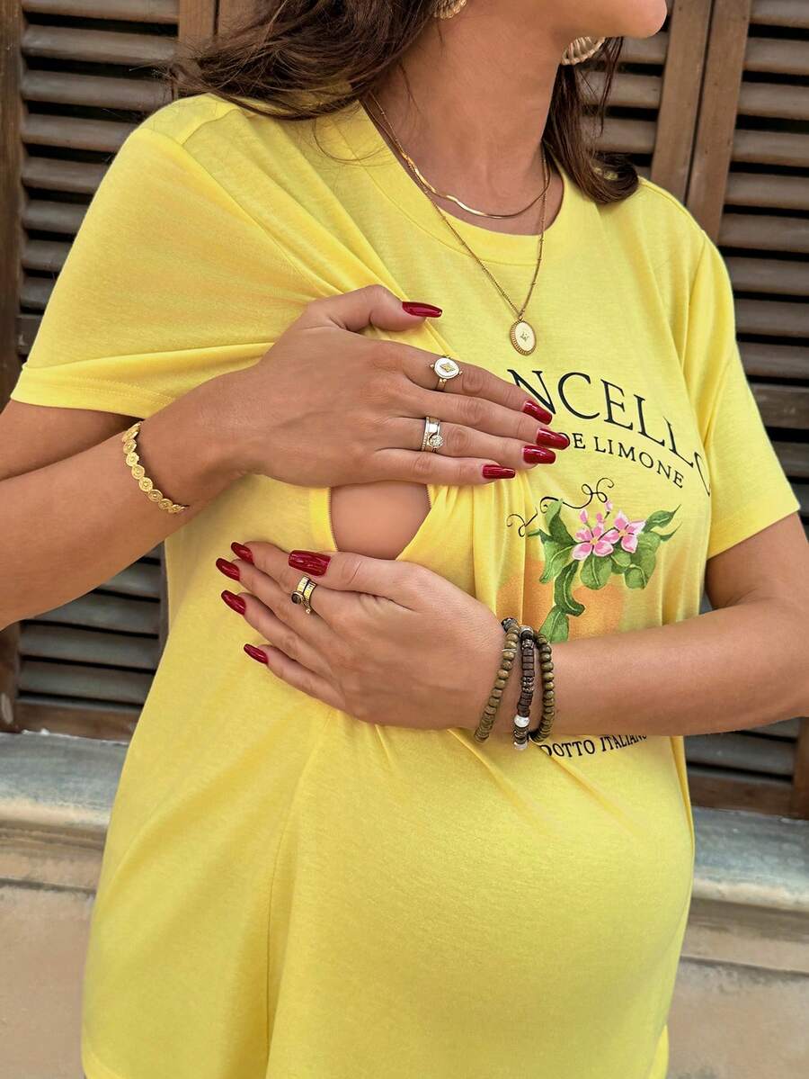 SHEIN 孕妇休闲柠檬字母印花短袖T恤，夏季 - 黃色 - 查看 1