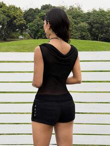 SHEIN EZwear 女士西部风格黑色网纱露肩上衣 - 黑色 - 查看 6