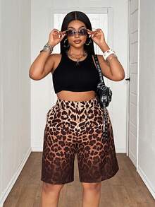 Maweii Plus Size American Leopard Print High Waist Casual Loose Shorts, Summer Sports Bermuda Pants - Brown - View 5
