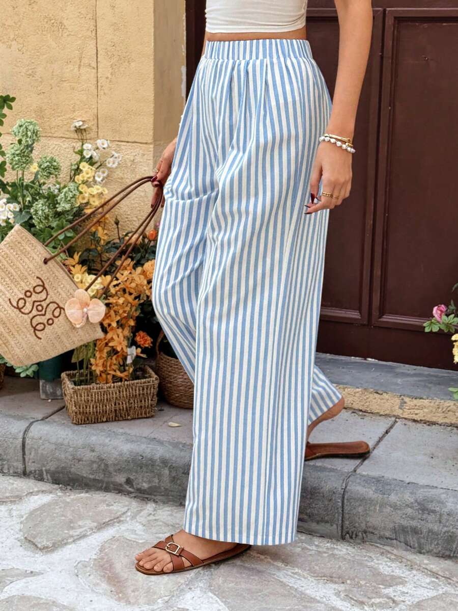 SHEIN Frenchy 女士条纹休闲百搭阔腿裤，适合日常穿着 - 藍白色 - 查看 1
