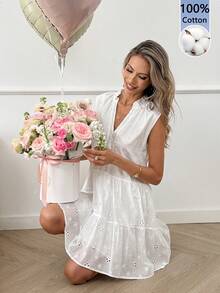 Easowa Đầm ngắn không tay cổ chữ V khoét rỗng thêu hoa dành cho nữ, trang phục đi nghỉ mát, trang phục thường ngày. - trắng - Xem 2