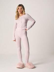 MISSGUIDED Ribbed Knit Button Front Cardigan Top And Leggings Lounge Set Pointelle Henley Style Cozy Pajama Set - Baby Pink - View 5