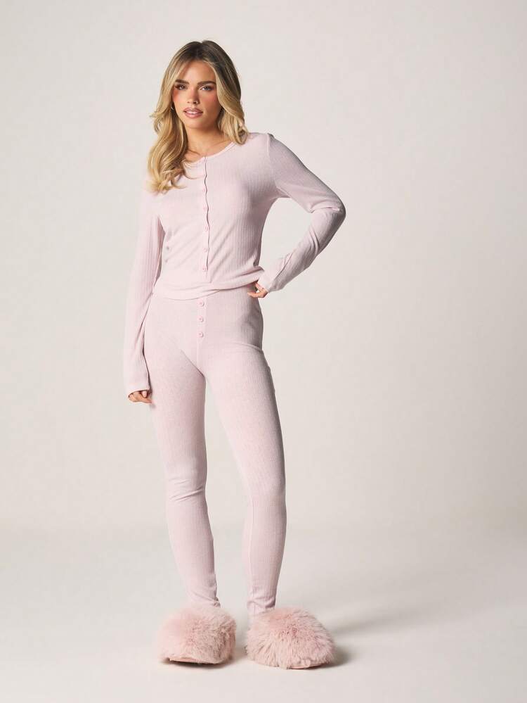 MISSGUIDED Ribbed Knit Button Front Cardigan Top And Leggings Lounge Set Pointelle Henley Style Cozy Pajama Set