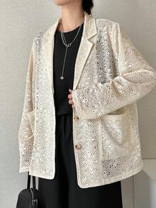 FRIFUL 女士纯色杏色薄纱蕾丝面料叠层宽松休闲百搭西装外套 - 杏色 - 查看 3