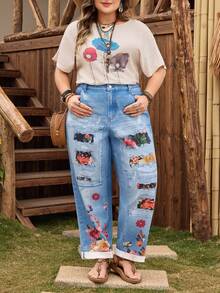 Plus Size Women Casual Comfortable Mid-Blue Printed Jeans - Medium Wash - View 7