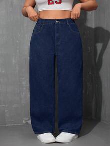 SHEIN ICON 大码纯色休闲牛仔裤 - 深色水洗藍 - 查看 3