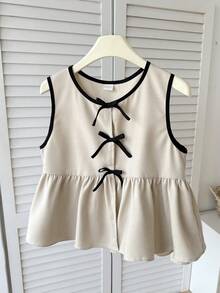 SHEIN Tween女孩春夏休閒都市優雅通勤度假拼接飾邊3D蝴蝶結裝飾開襟上衣 梭織素色上衣 卡其色 - 卡其色 - 查看 3
