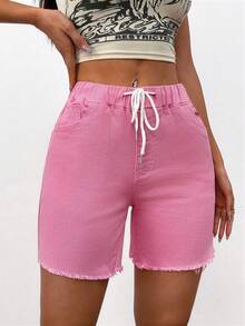 Flexra 女士抽绳腰带口袋毛边下摆休闲百搭牛仔短裤 - 粉色 - 查看 6