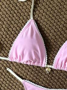 Swim Mod Women's Swimsuit Set, Halter Tie Waist Ruched Thong Bikini, Fashionable Casual Cute Two Pieces, Suitable For Spring, Summer, Autumn, Winter - Pink - View 4