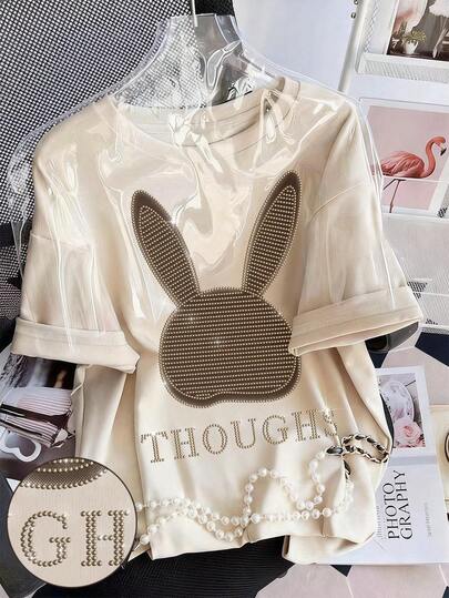 Resyla Camiseta de mujer de cuello redondo, hombros caídos y largo medio con estampado de cabeza calva y adornos de strass, regalo para amigos