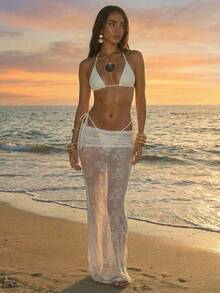 Aloruh 女士三件套比基尼套装，性感优雅浪漫杏色迷你三角罩杯挂脖上衣，迷你丁字裤下装，另配超长纱笼罩衫，适合度假、海滩、比基尼穿着。 - 米色 - 查看 11