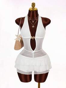 Amplova 女士性感露背系带褶皱连体裤，饰有金属海星，适合海滩度假和夏季穿着。 - 白色 - 查看 7