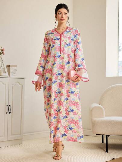 Al Najma Women's Elegant All-Over Print V-Neck Arabic Style Dress