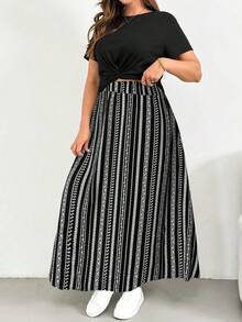 Shapeblank 大码女装春夏时尚休闲弹力舒适日常显瘦两件套：黑色短袖上衣和黑白条纹长裙，夏季服装，度假装 - 黑與白 - 查看 4