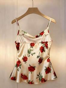 SHEIN Franclia Áo hai dây không tay cổ chữ V chéo bằng satin cao cấp cho mùa xuân và hè, áo dành cho ngày Valentine, áo ren họa tiết hoa hồng mang lại cảm giác sang trọng. Thiết kế xếp ly độc đáo và tinh tế. Áo hai dây satin màu sâm panh với phần eo xếp ly, và áo satin ôm sát màu mơ. Thích hợp cho kỳ nghỉ hè, mùa xuân, ngày Valentine. - Nhiều màu - Xem 2