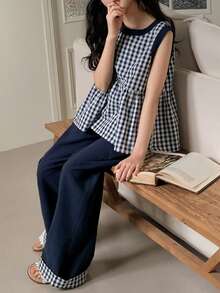 DAZY Tween Girl Plaid Round Neck Ruffle Hem Sleeveless Shirt And Pants Casual Outfit - Navy Blue - View 7