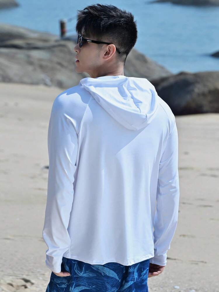 Men's Solid Color Hooded Long Sleeve Rash Guard, Summer