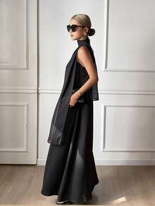 DAZY Vestido suelto de línea A con tirantes de unicolor y cinturón, vestido casual elegante para primavera y verano - Negro - Ver 5