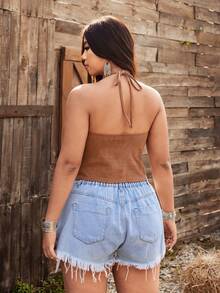 Ceyna Áo tank top nữ màu trơn cổ chữ V, chất liệu giả da lộn, có tua rua, kiểu buộc dây cổ, thích hợp cho kỳ nghỉ hè. - màu nâu - Xem 3