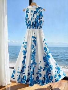 GlowEve Women's White And Blue Floral Sleeveless Deep V-Neck Contrast Color Lapel Wrap Waist Flared Maxi Dress,Summer Elegant Wedding Guest Resort Style - Multicolor - View 2