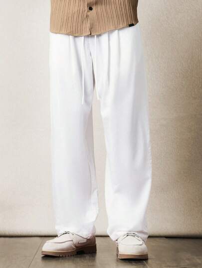 SUMWON Relaxed Fit Pull On Linen Feel Look Wide Leg Casual Pants With Elastic Drawstring Waistband For Everyday Comfort Summer Style