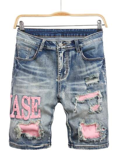 Manfinity LEGND Men's Casual Summer Washed Letter Embroidery Ripped Slant Pocket Denim Shorts