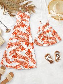 1pc Tropical Holiday Style Orange & White Palm Leaf Print Sleeveless Dress For Baby Girls 6 Months - 2-3 Years Old, Lightweight Fabric, Fresh Island Vibe Sundress For Summer Beach Wear - Multicolor - View 6