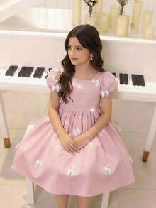 SHEIN Đầm dệt màu trơn cổ vuông tay phồng trang trí nơ cho bé gái - Hồng - Xem 2