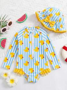 SHEIN Baby Girl Casual Summer Cute Striped Duck Pattern Long Sleeve Swimsuit - Multicolor - View 3