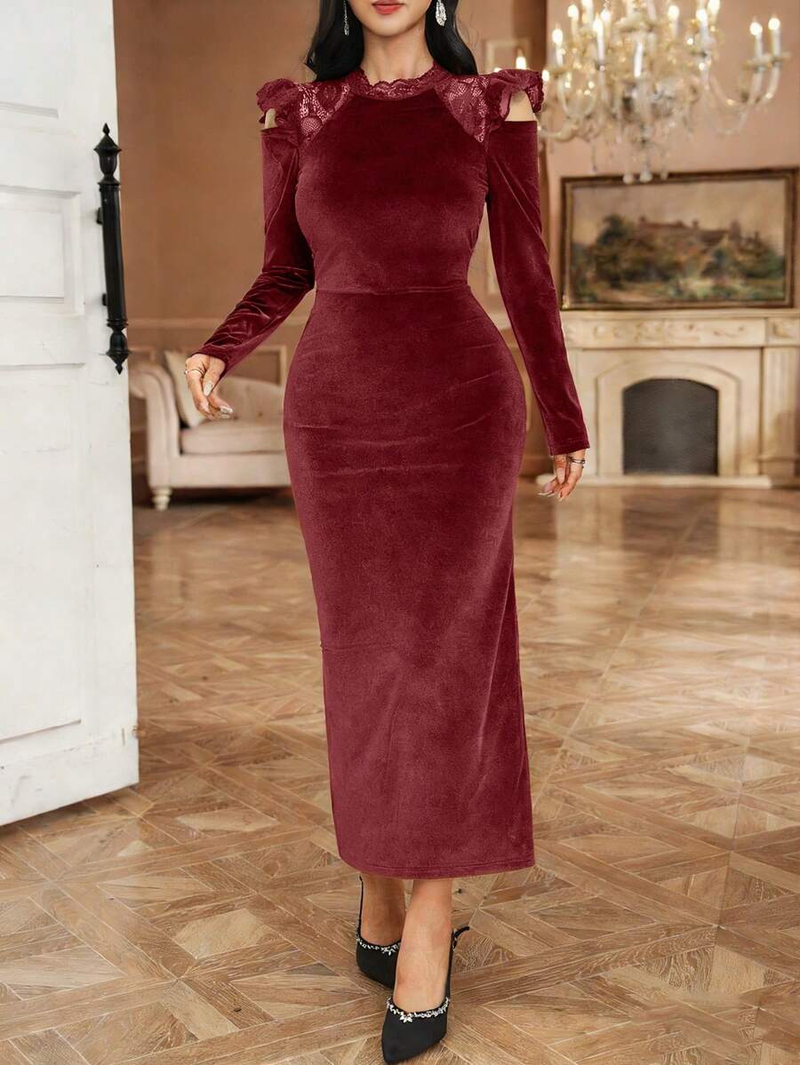 DAZY Women's Solid Color Lace Patchwork Fitted Elegant Long Sleeve Dress - Burgundy - View 1