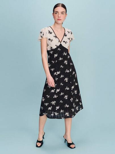 lacRébo Vestido midi con estampado de lunares monocromático y contraste, de manga corta, con estilo vintage elegante para primavera y verano